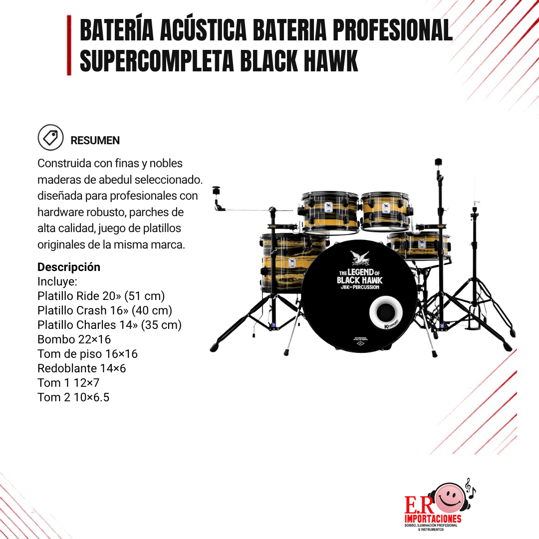 BATERÍA ACÚSTICA BATERIA PROFESIONAL SUPERCOMPLETA BLACK HAWK: imagen 1